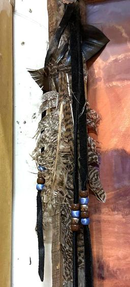 Vintage M Caroselli Native American Indian Art with Feathers and Beads in wood frame 17" x 14"