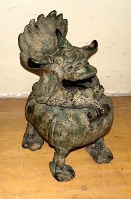 Bronze Chinese Fu Dog incense Burner 6" Tall