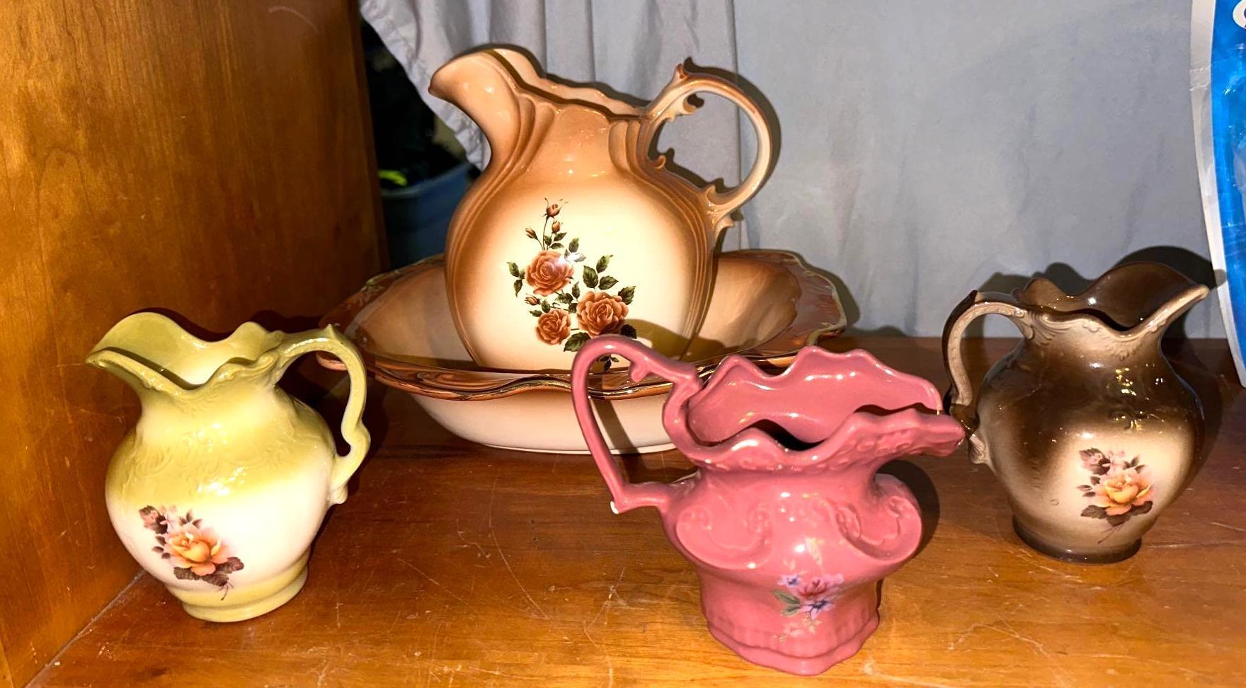 5 Vintage Arnel's Pottery Pitchers and 3 Bowls
