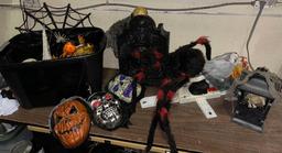 Animated Halloween Decor- Tome w/Skelton, Spider, Bird in cage, Light up web & more