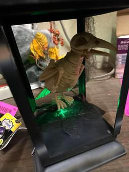 Animated Halloween Decor- Tome w/Skelton, Spider, Bird in cage, Light up web & more