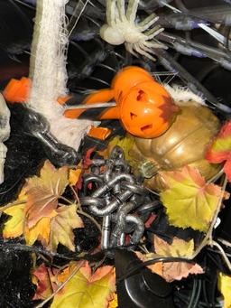Animated Halloween Decor- Tome w/Skelton, Spider, Bird in cage, Light up web & more