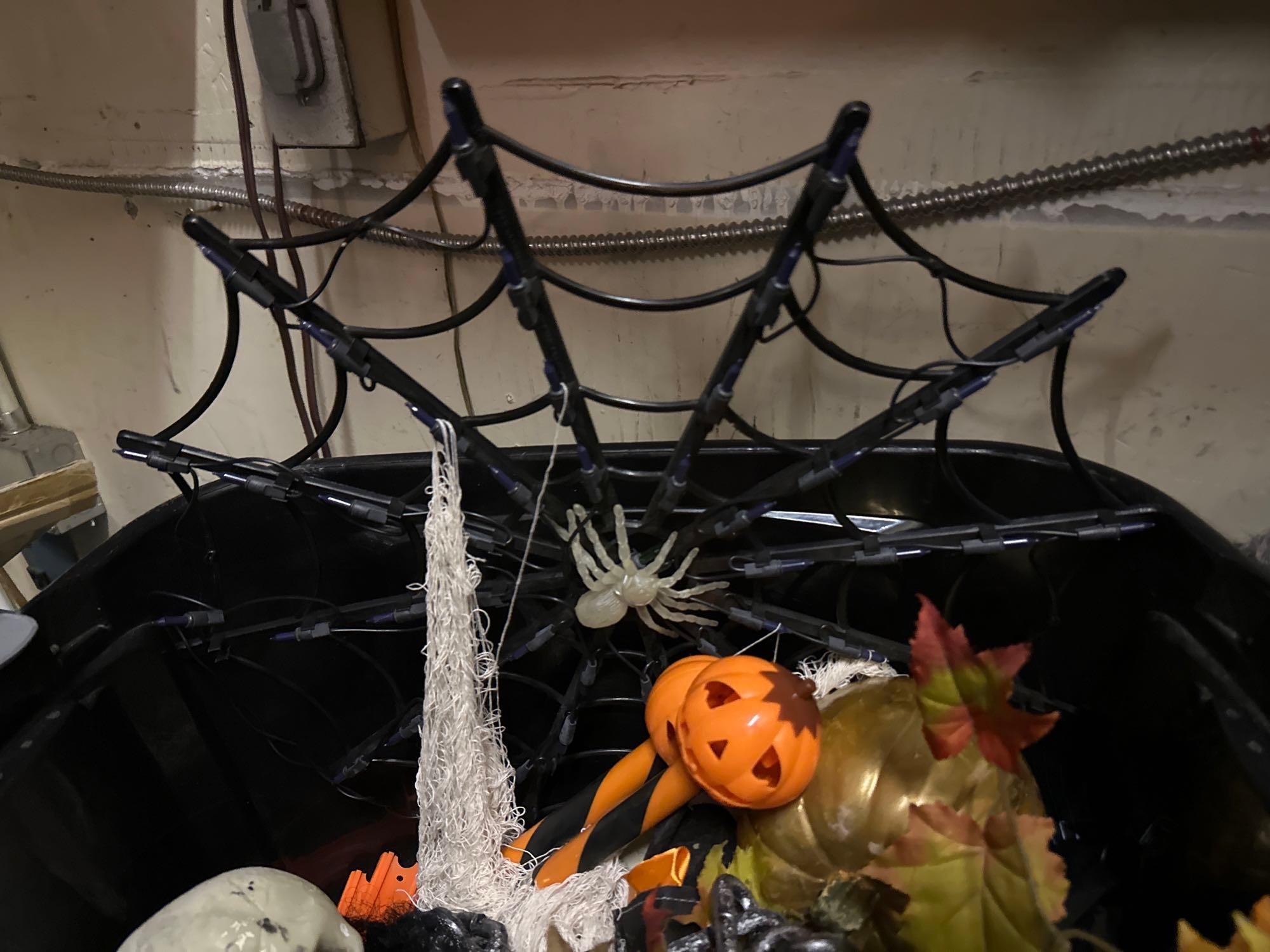 Animated Halloween Decor- Tome w/Skelton, Spider, Bird in cage, Light up web & more