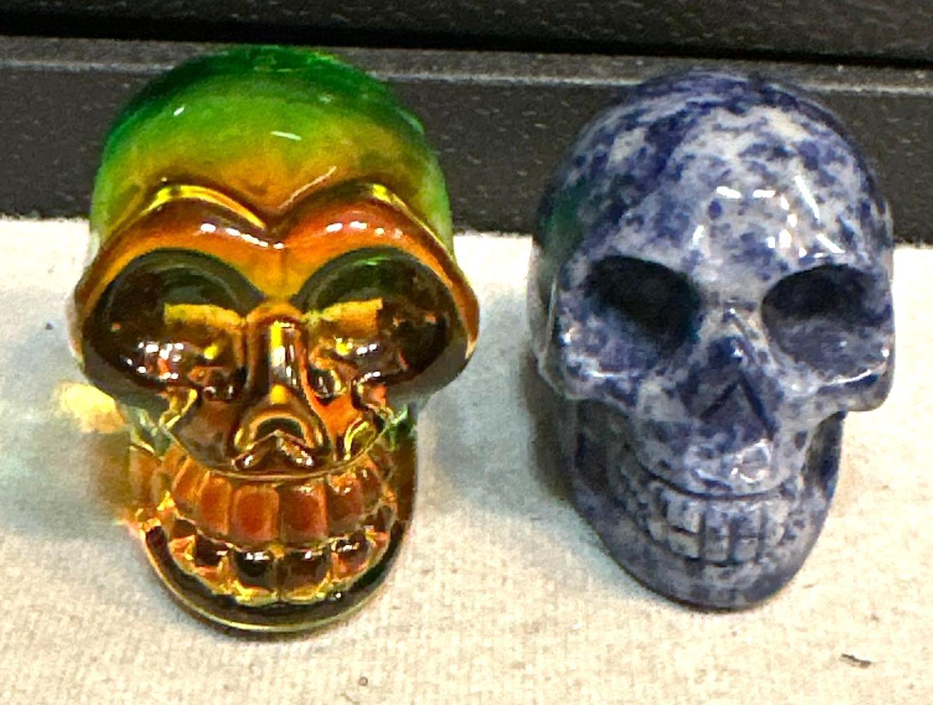 2 Mini Skulls- one Multi Colored Glass and Sodalite