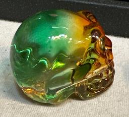 2 Mini Skulls- one Multi Colored Glass and Sodalite