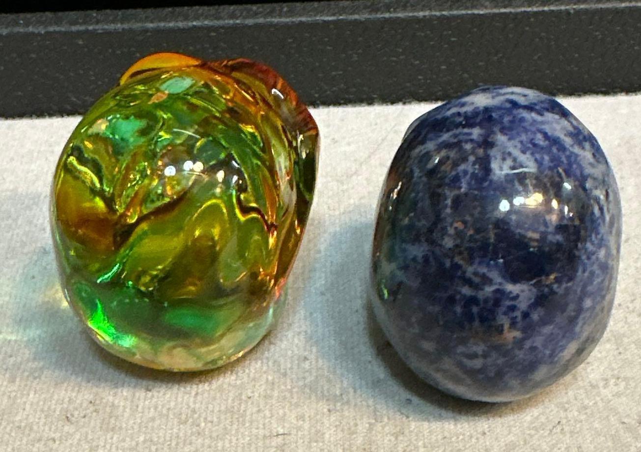 2 Mini Skulls- one Multi Colored Glass and Sodalite