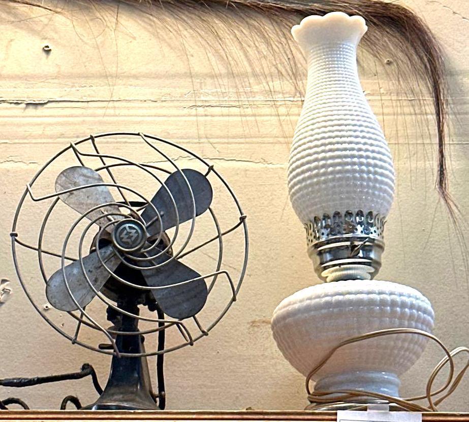 Antique Fan and Vintage Milk Glass Lamp