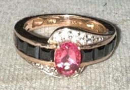 Sterling Silver Ring with Pink and White Sapphire and onyx size 7