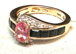 Sterling Silver Ring with Pink and White Sapphire and onyx size 7