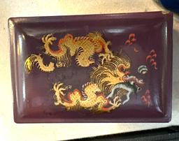 Laqure Box with Dragon, Blue Hawaiian Music Box signed & Pair of Chinese Therapy Balls