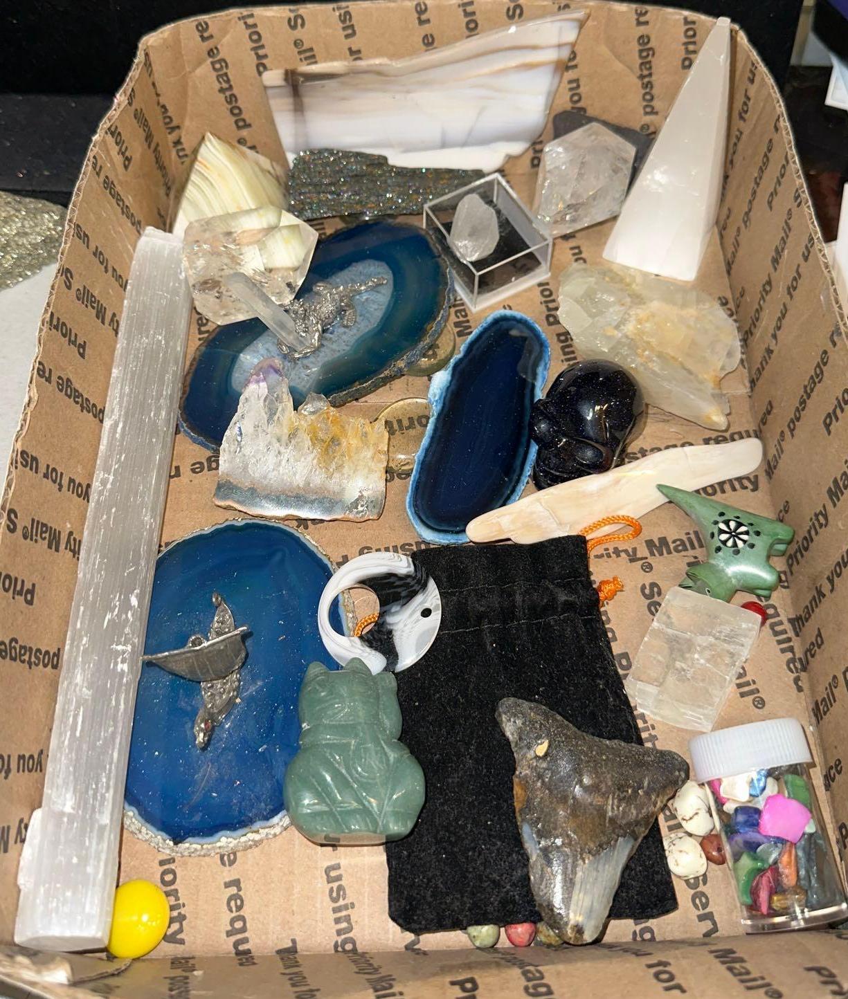 Box Full of COOL Crystals, Geo Slices, Carved Jade Chinese Cat, Pewter figures and more