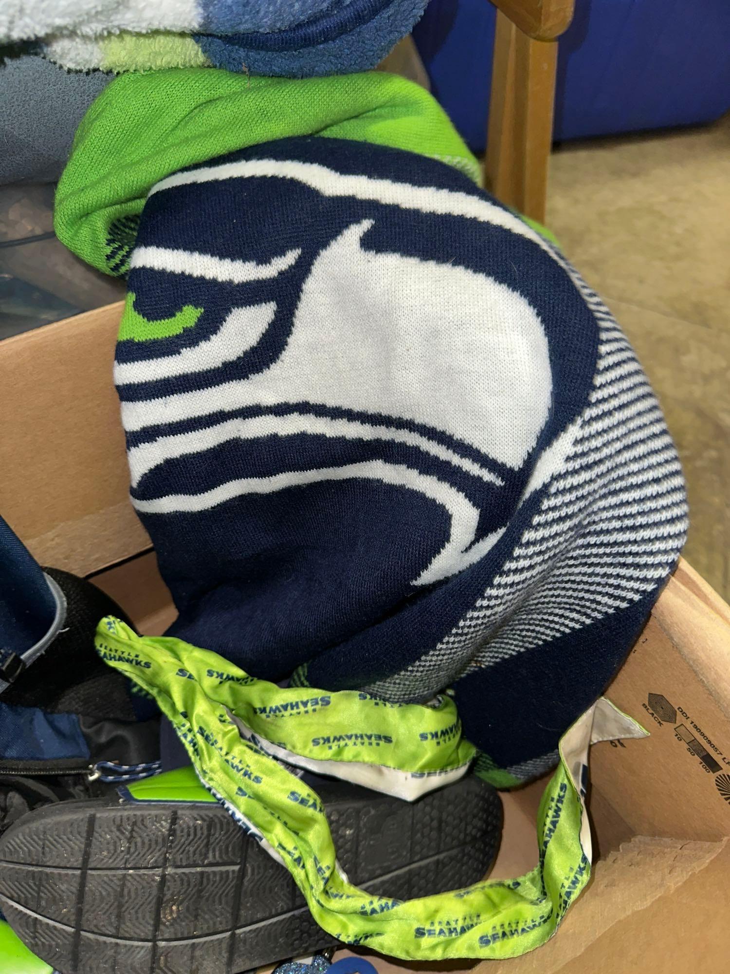 Seahawks Collectibles- Blanket, Sweater, Backpack, Slides and more