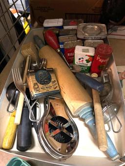 Vintage Kitchen Utensils and metal spice Containers