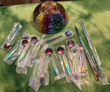 New Rainbow "Oil Slick" Flower Spoons, Forks, Bowl, Chop sticks and Straw set