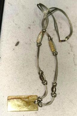 Necklace with Agate Pendant with 2 Carved Round Beads
