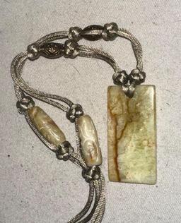 Necklace with Agate Pendant with 2 Carved Round Beads