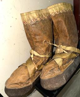 Pair of Old Eskimo Mukluks Seal Hide with Embroider Upper