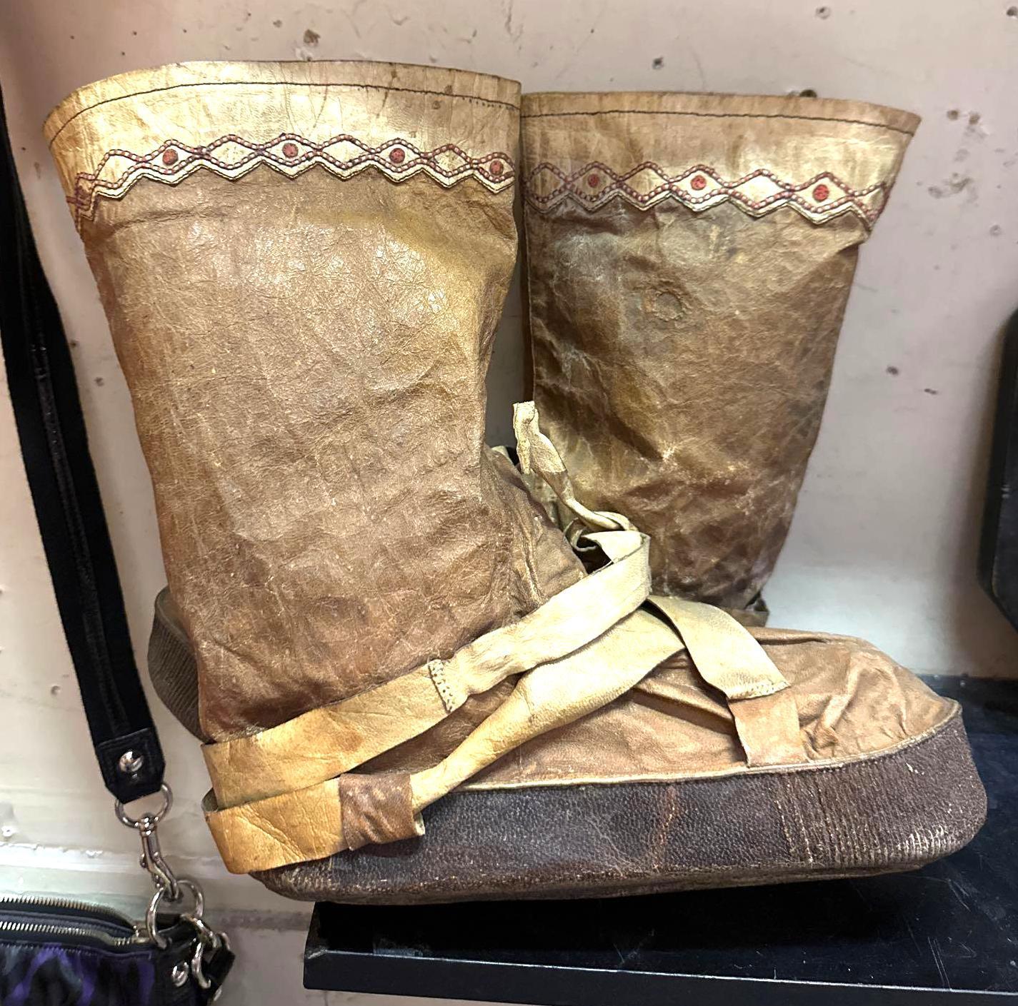 Pair of Old Eskimo Mukluks Seal Hide with Embroider Upper