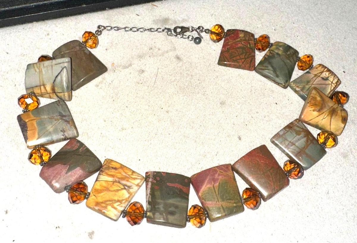 Mid Century Sterling Silver Jasper and Crystal necklace
