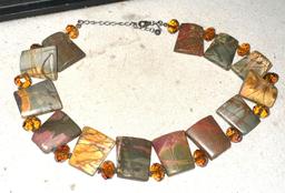 Mid Century Sterling Silver Jasper and Crystal necklace