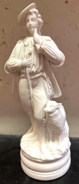Soft Paste Statue of a Man with Horn and Sheep 12" tall