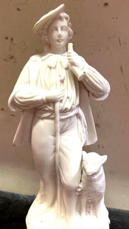 Soft Paste Statue of a Man with Horn and Sheep 12" tall