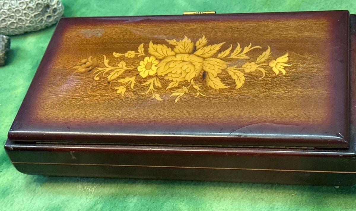 Vintage Wooden Jewelry Box with Inlaid Wooden Flowers- Music Box From Intaly