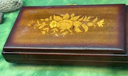 Vintage Wooden Jewelry Box with Inlaid Wooden Flowers- Music Box From Intaly