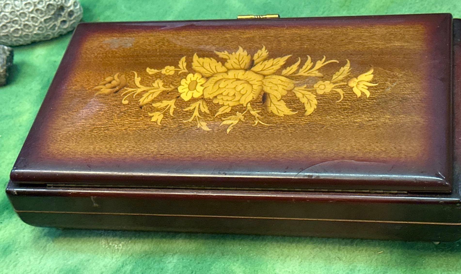 Vintage Wooden Jewelry Box with Inlaid Wooden Flowers- Music Box From Intaly