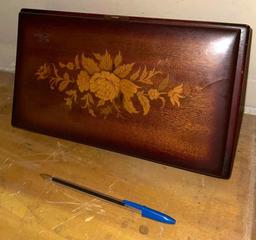 Vintage Wooden Jewelry Box with Inlaid Wooden Flowers- Music Box From Intaly