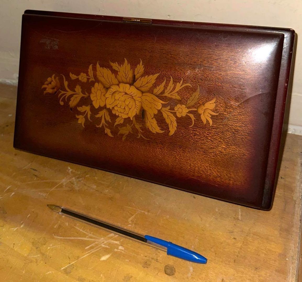 Vintage Wooden Jewelry Box with Inlaid Wooden Flowers- Music Box From Intaly