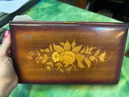 Vintage Wooden Jewelry Box with Inlaid Wooden Flowers- Music Box From Intaly