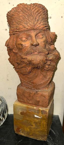 1989 Clay Carving of a Mountain Man on Heavy Duty Marble stand 14" Tall
