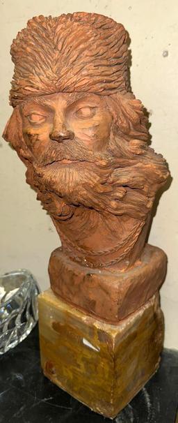 1989 Clay Carving of a Mountain Man on Heavy Duty Marble stand 14" Tall