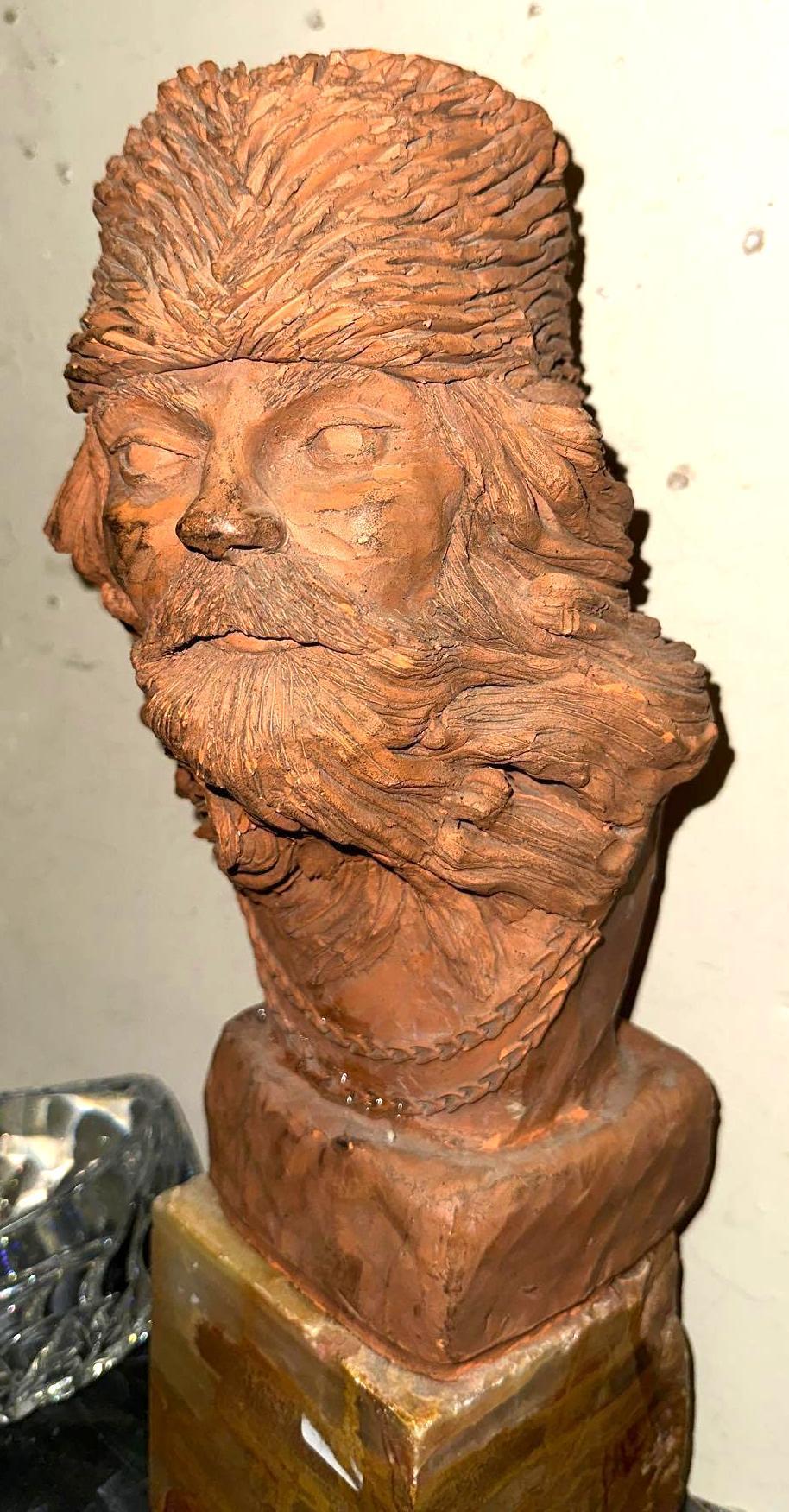 1989 Clay Carving of a Mountain Man on Heavy Duty Marble stand 14" Tall