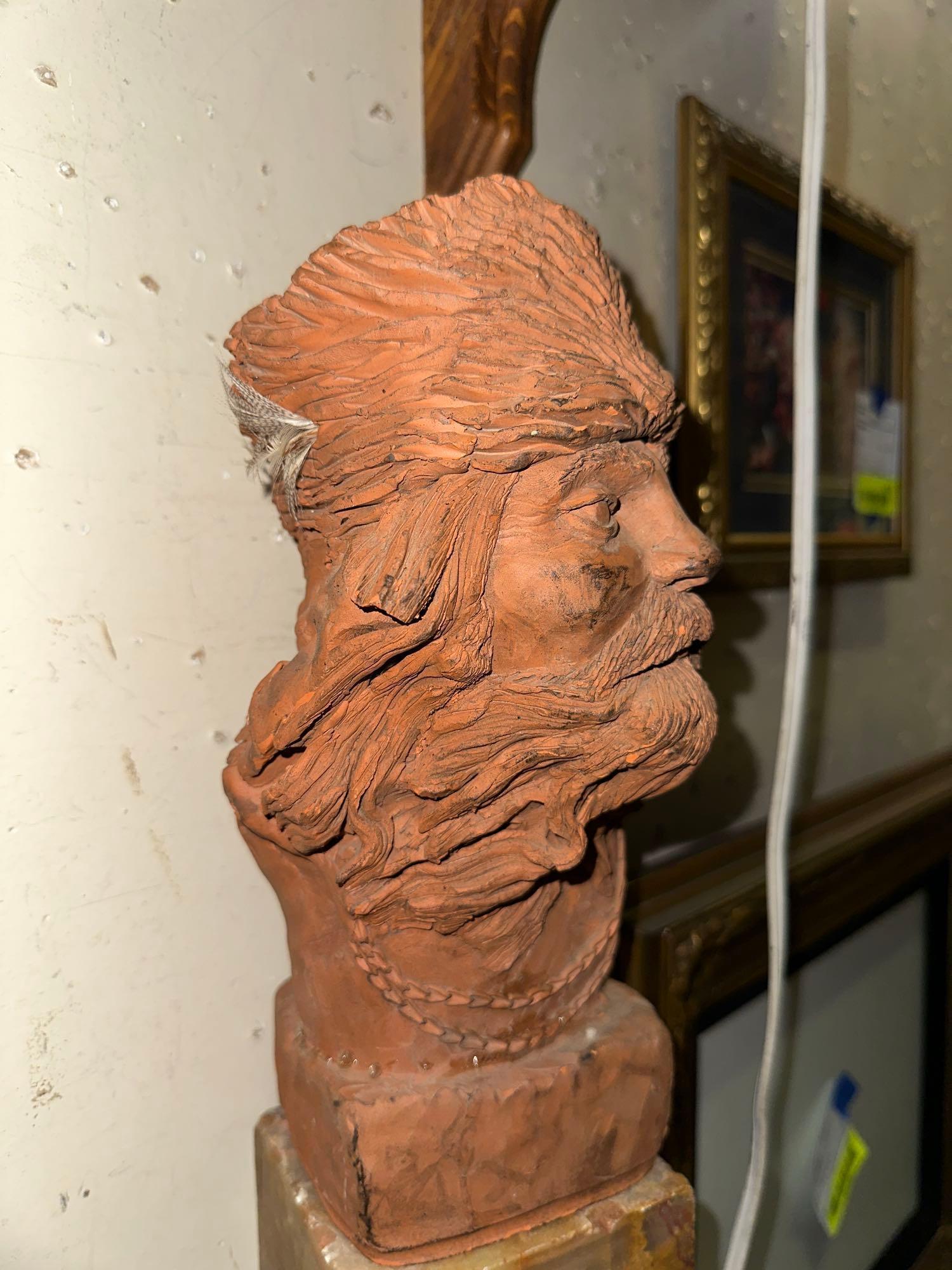 1989 Clay Carving of a Mountain Man on Heavy Duty Marble stand 14" Tall