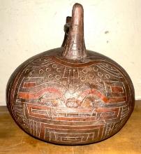 Old Peruvian Whistling Vessel- Bird on top- Carved & Painted Mythical Creature on side