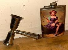 Hip Flask with Beautiful Pin up Gal and Stainless steel Whiskey Gigger Measuring tool