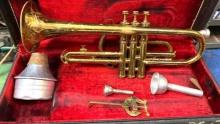 Old Trumpet with Mother of Pearl Buttons and Extra Mouth pieces and case- in good condition