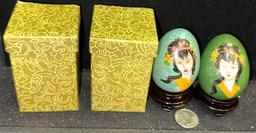 2 Chinese Painted Cloisonne Eggs on stands
