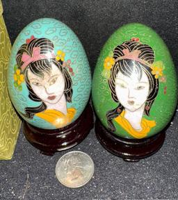 2 Chinese Painted Cloisonne Eggs on stands