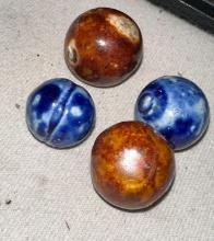 4 Civil War Era Benington Brick Marbles- 2 Blue and 2 Brown