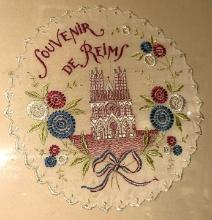 Framed VTG Embroidered "Souvenir De Reims" 13" x 13"