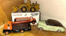 Diecast Fleet line Sedan, Caterpillar Dirt Scraper and GMC Bottle Truck