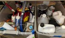2 Totes Full of Home repair Items- Caulk, Paint, Antifreeze and more