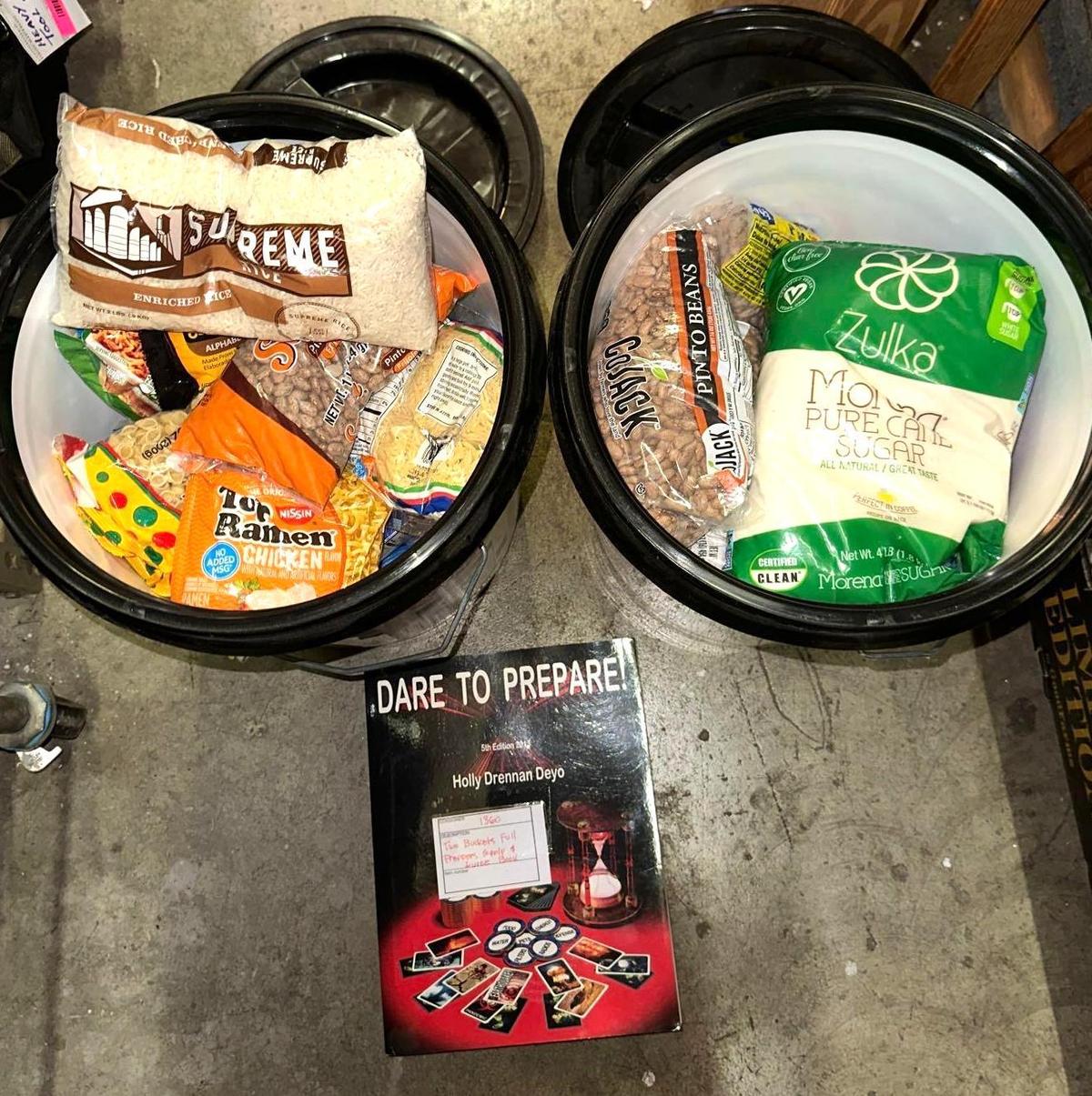 2 Buckets Full of Preppers Supplies and Guide Book