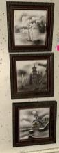 3 Japanese Paintings on Tiles 8" x 8"