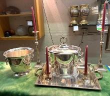 7pc Vintage Silver Plate Items- Tray, Ice bucket, candle sticks etc- In good condition