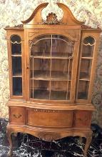 1910 Era Pecan Wood Curio Cabinet with Dovetail Drawers and Carved Legs