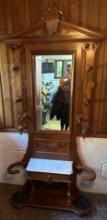 Beautiful Antique Walnut Hall tree with Marble Top & umbrella holders
